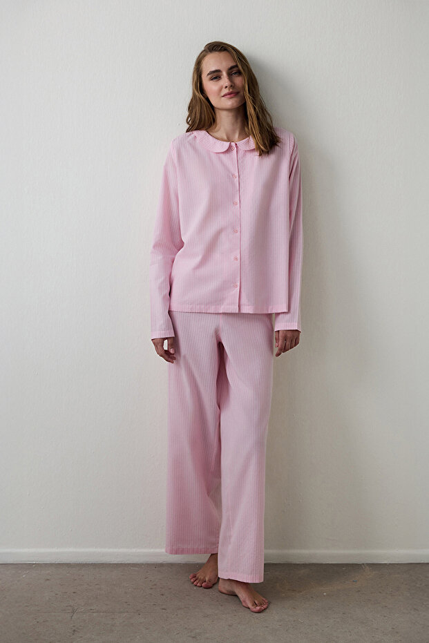 Pink Striped Tie Detail Shirt Collar Pajama Set