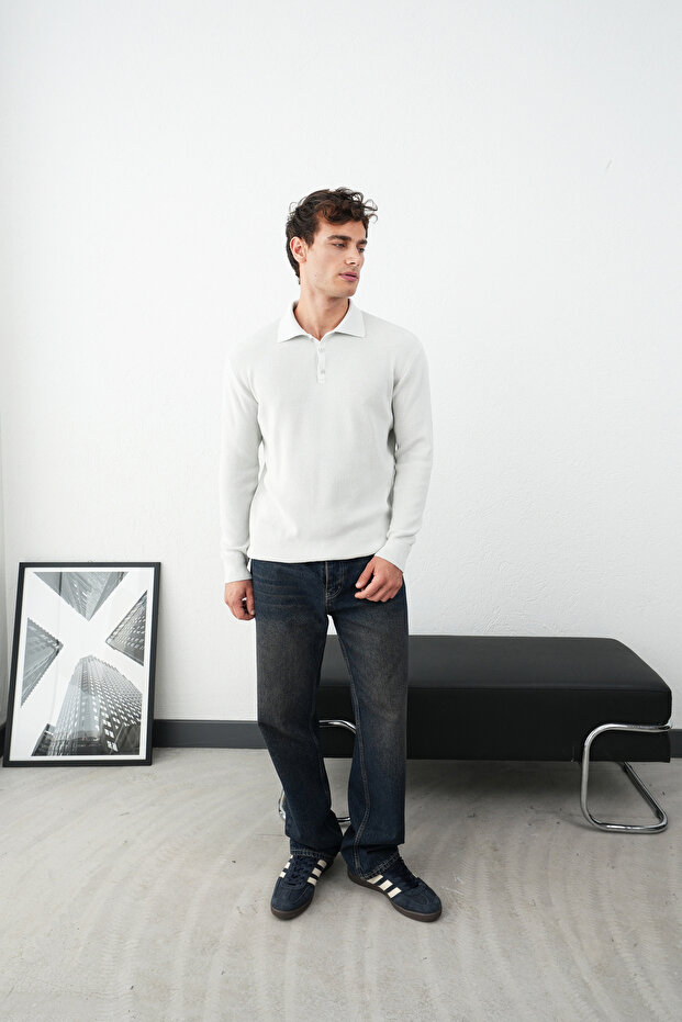 Collared Three Button Gray Corduroy Oversize Sweater - 3