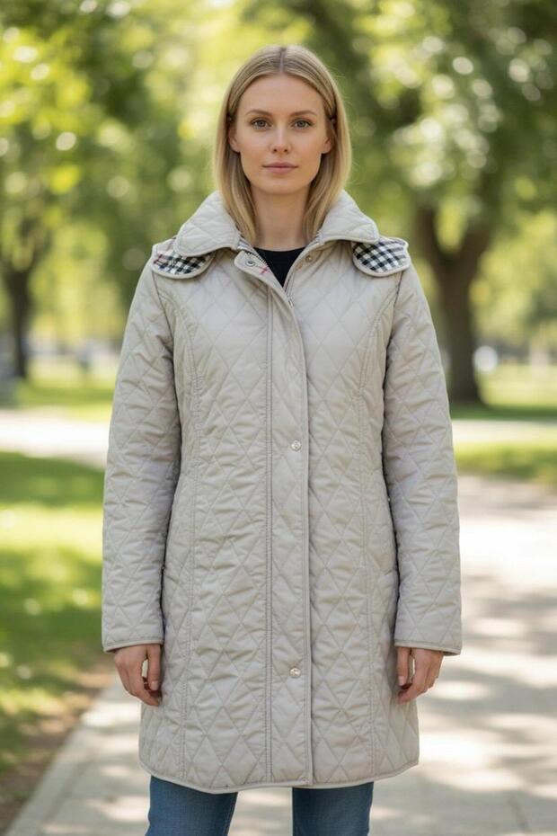 Women's Large Size Plaid 95 Cm Seasonal Light Beige Quilted Coat 1040
