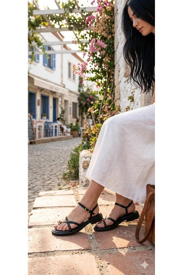 Women's Black Matte Gold Ring Detailed Daily Soft and Comfortable Sandals