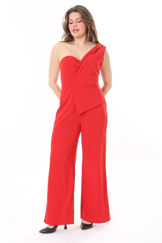 Women's Plus Size Red Lycra Crepe Fabric One-Shoulder and Waist Detailed Jumpsuit 65N37954