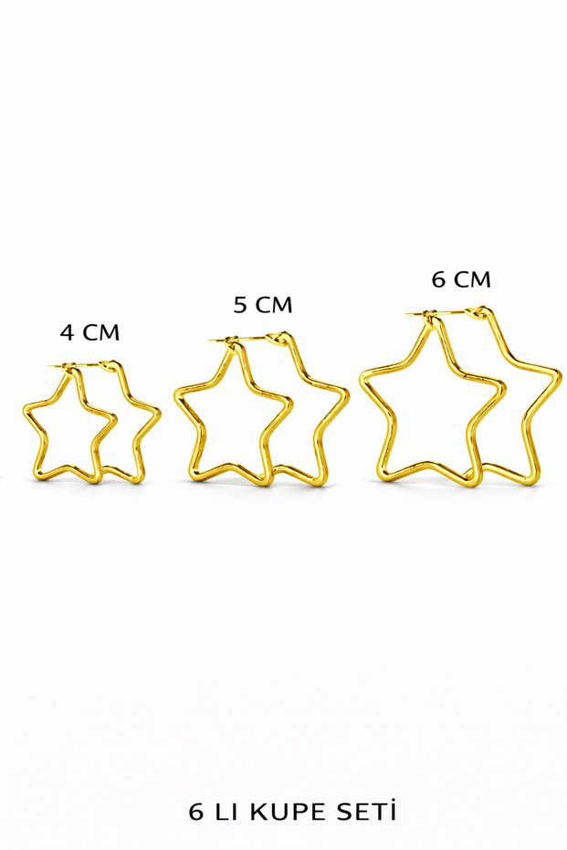 Women's Yellow Stainless Steel Star Earrings Set of 6 (4-5-6 cm)