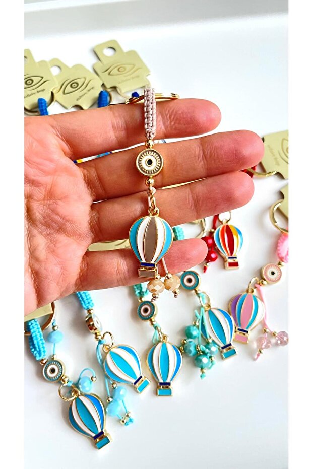 Beige Balloon Patterned Evil Eye Beaded Keychain - 1