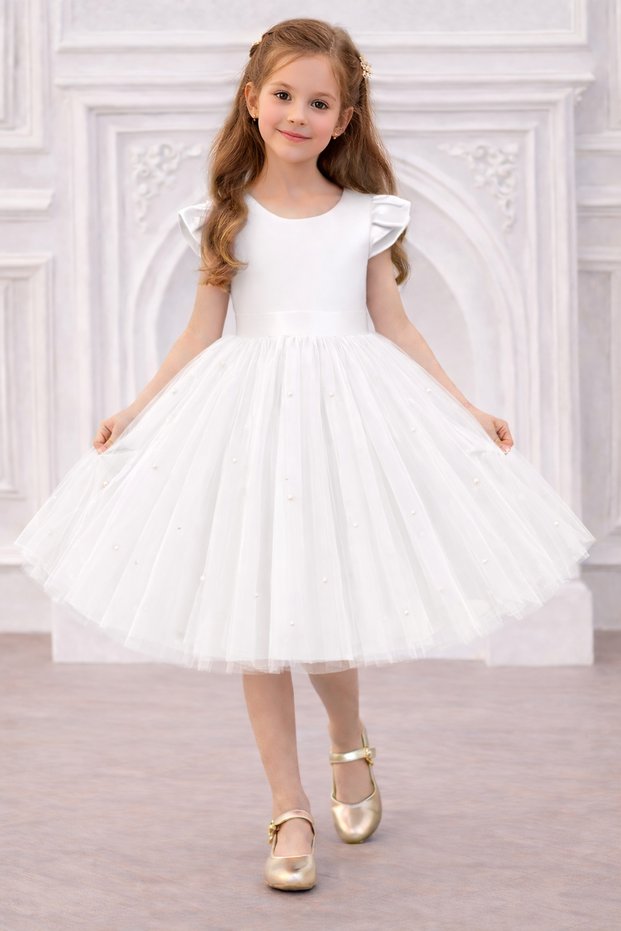 Girl's WHITE Bow Detailed Pearled Graduation Birthday Party Dress Princess Dress