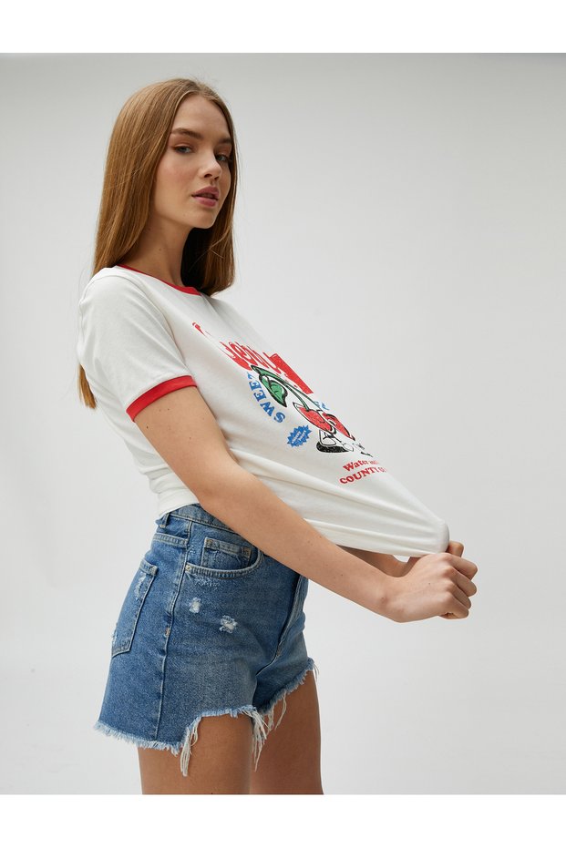 Printed T-Shirt Short Sleeve Crew Neck Cotton Piping Detail