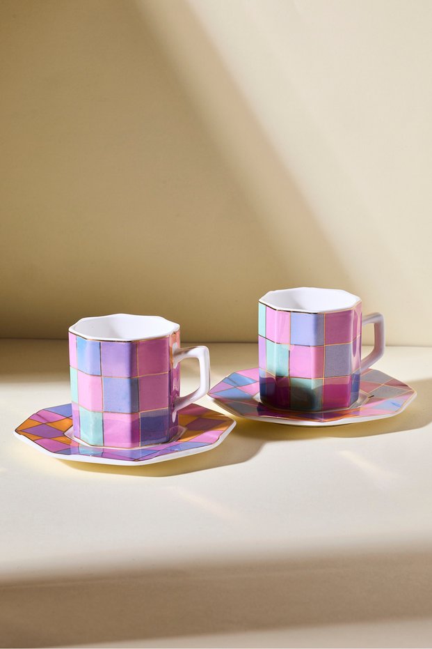 Antique 2-Person Colorful Geometric Checkered Coffee Cup Set