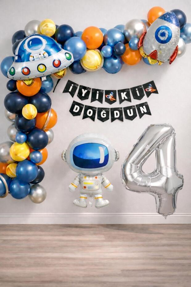 Space Themed Birthday Set 4 Years Old; 4 Foil, 56 Latex Balloons, Banner, Balloon Chain, Balloon Tape