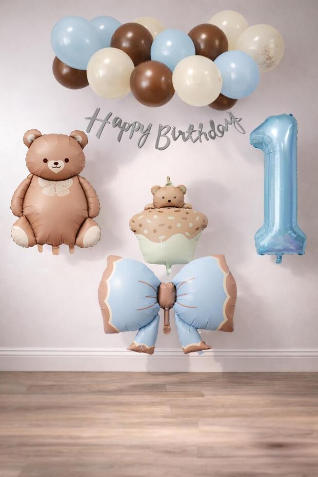 Retro 1 Year Old Teddy Bear Themed Baby Boy Concept Birthday Set