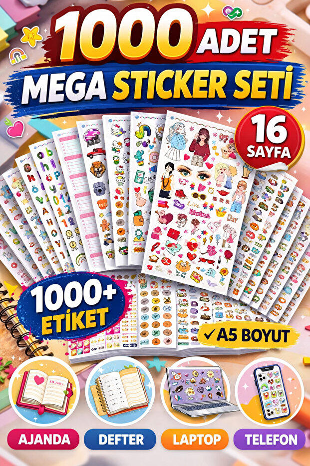 cabuk baskı 1000+ Adet Mega Sticker Seti 16 Sayfa A5 Ajanda Defter Laptop Telefon Etiket Seti