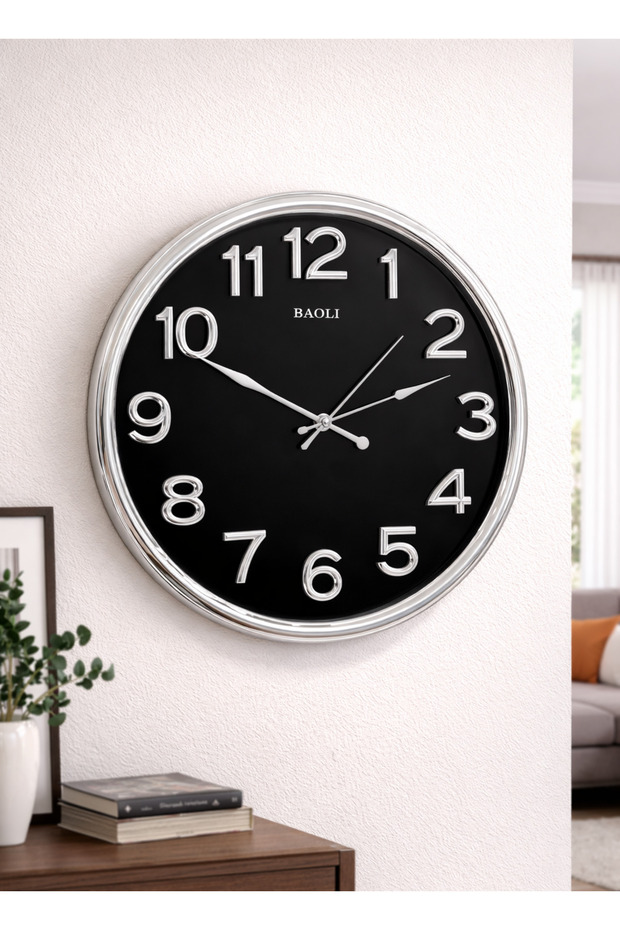 ساعة حائط دائري كبيرة بحركة صامتة بدون صوت | حروف بارزة | إطار فضي
