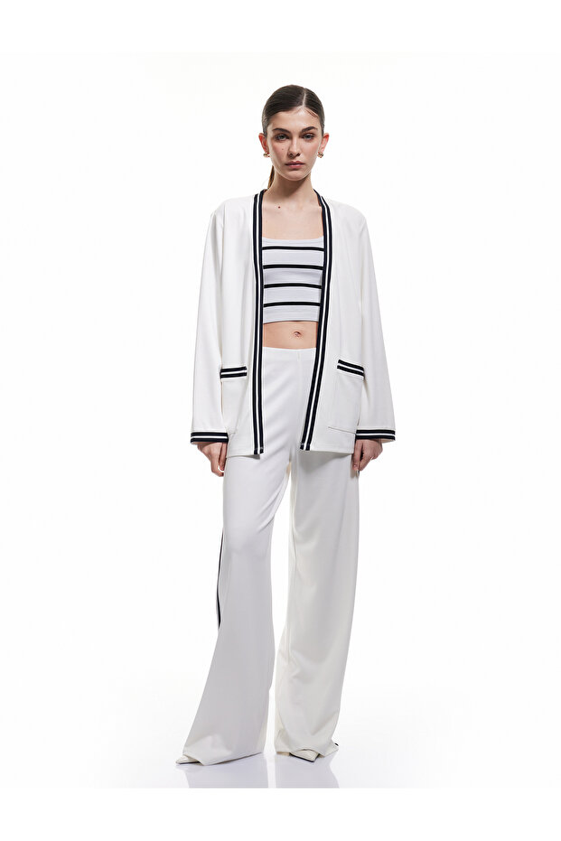 Viscose Blend Long Sleeve Striped Pocket Detailed Cardigan