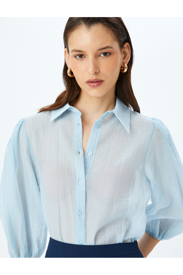 Textured 3/4 Balloon Sleeve Semi Sheer Shirt
