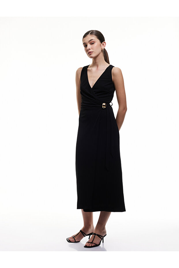 Sleeveless V Neck Long Double Breasted Dress with Metal Accessories Detail