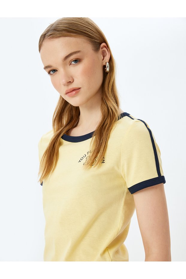 Printed Back Bias Crew Neck Short Sleeve Cotton T-Shirt