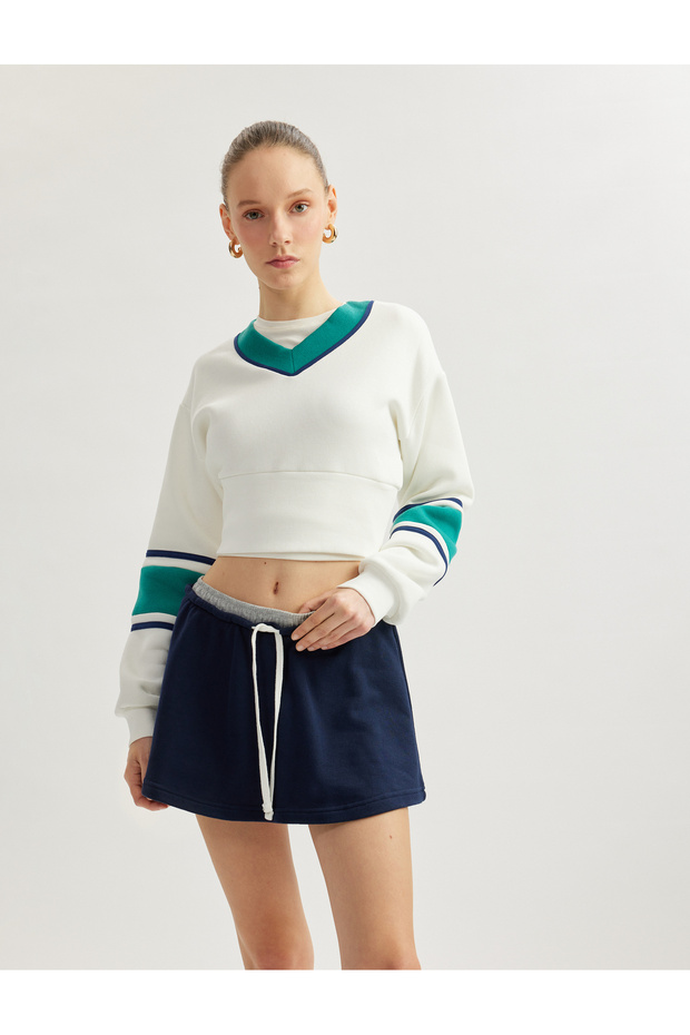 Raster Color-Blocking V-Neck Long Sleeve Crop Sweatshirt