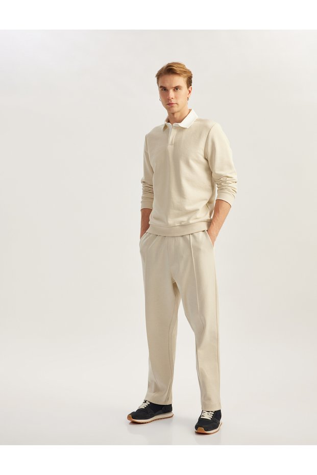 Long Sleeve Cotton Blended Color Contrast Basic Polo Neck Sweatshirt