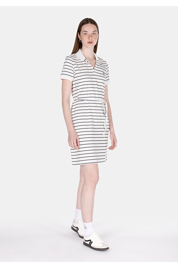 Regular Fit Striped Pocketless Women's White Short Sleeve Dress