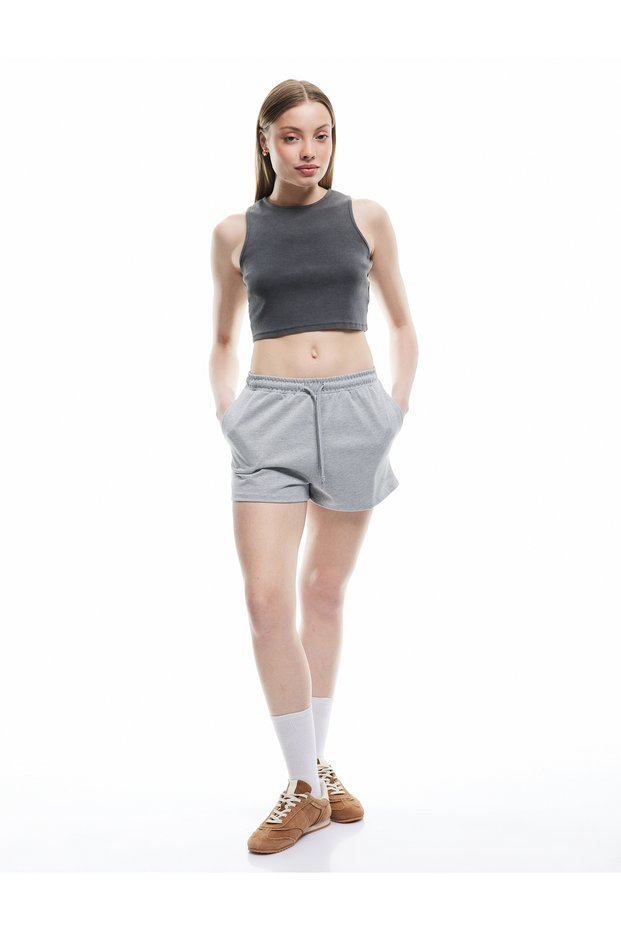 Lace-Up Waist Embroidered Slim-Fit Pocket Mini Shorts