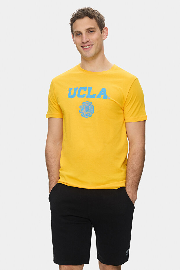 GAYLEY Sarı Bisiklet Yaka Baskılı %100 Pamuk Standard Fit Erkek Tshirt - 1