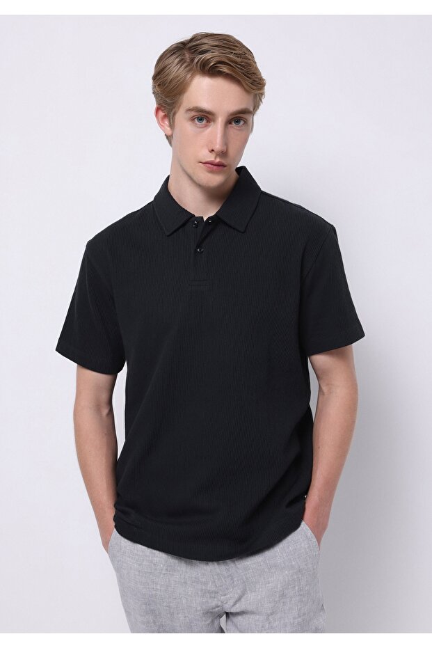 Comfort Fit Polo Neck Plain Men's Pocketless Navy Blue Short Sleeve T-Shirt