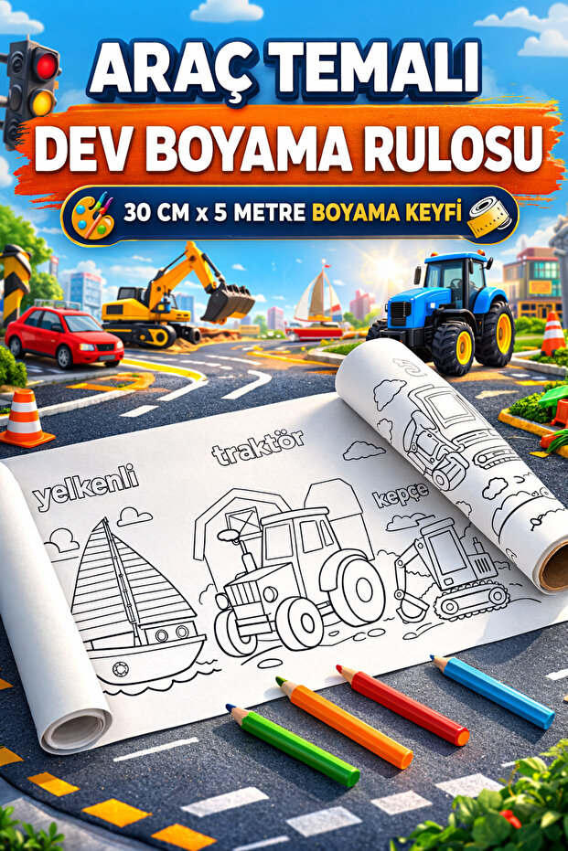 Haydi Dekor Araçları Tanıyorum ve Boyuyorum Boyama Rulosu – 30X500 cm | Dev Rulo Boyama Kağıdı