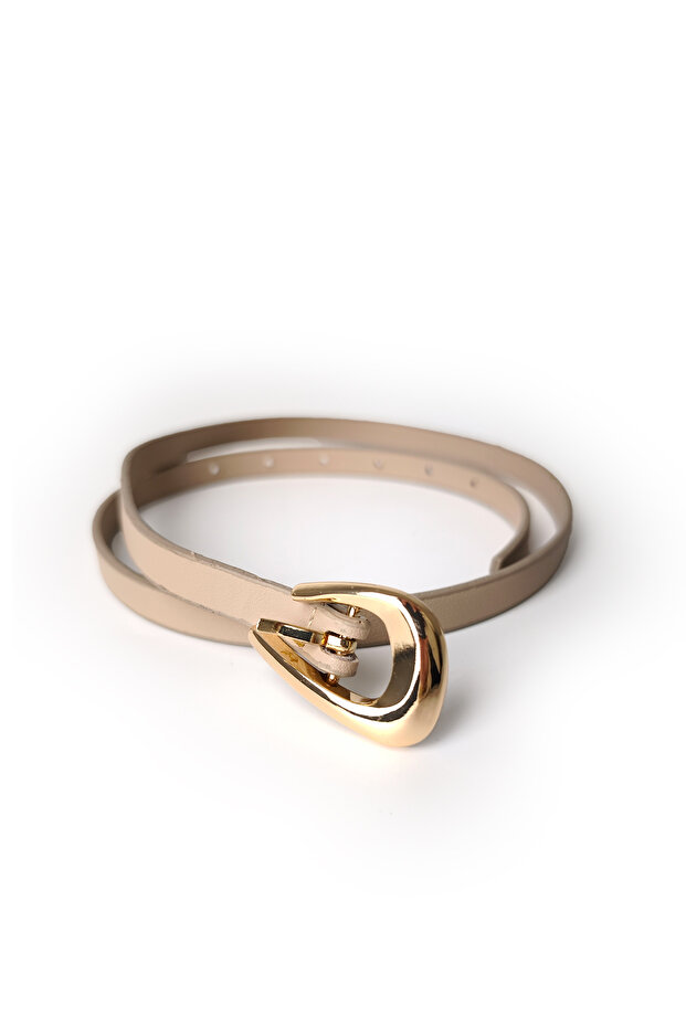 Wave Pattern Buckle Thin Belt Beige - 3