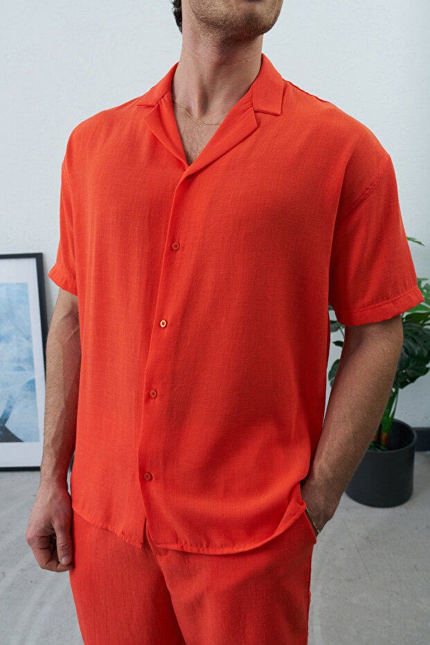 Men's Orange Lightweight Loose Fit Linen Shirt