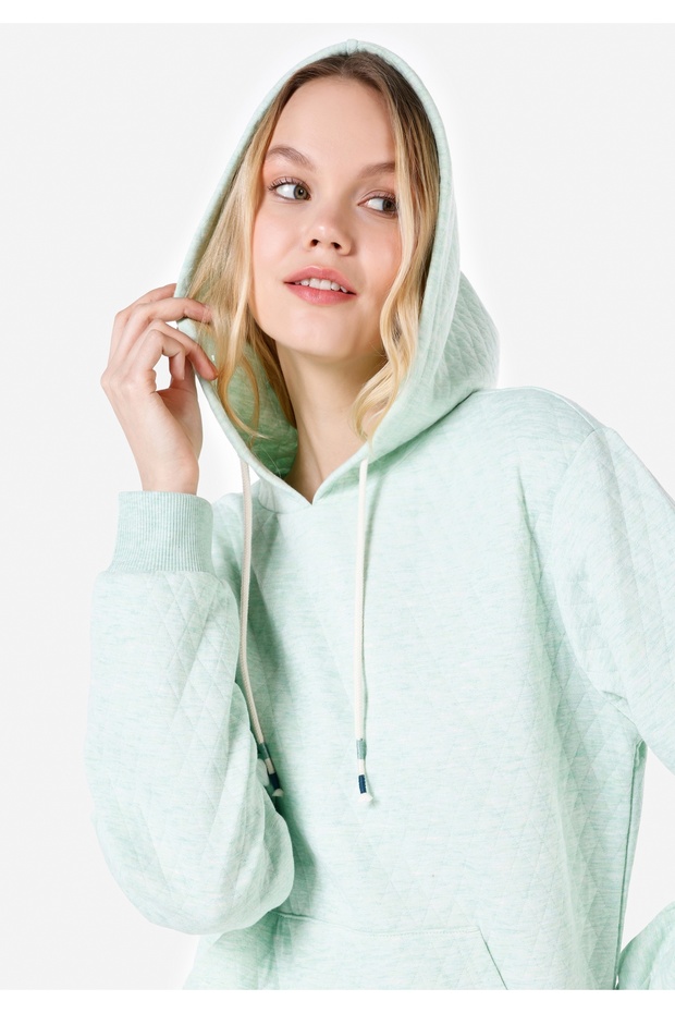 Regular Fit Örme Kapüşonlu Düz Kadın Yeşil Sweatshirt - 4