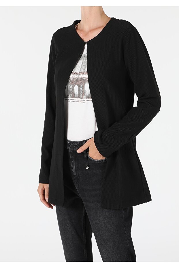 Regular Fit Örme Kadın Siyah Ceket - 1