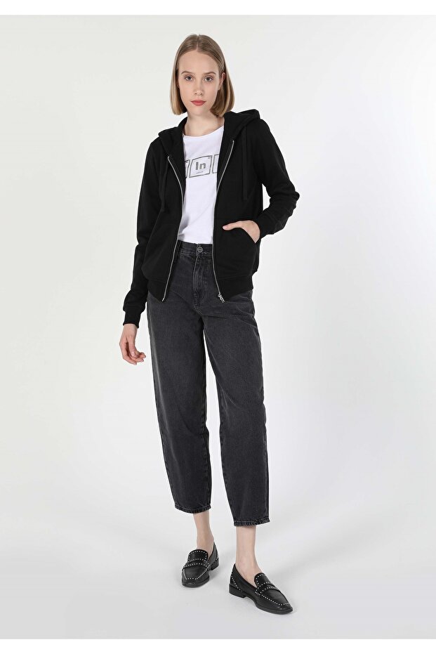 Regular Fit Örme Kapüşonlu Düz Kadın Siyah Sweatshirt - 1