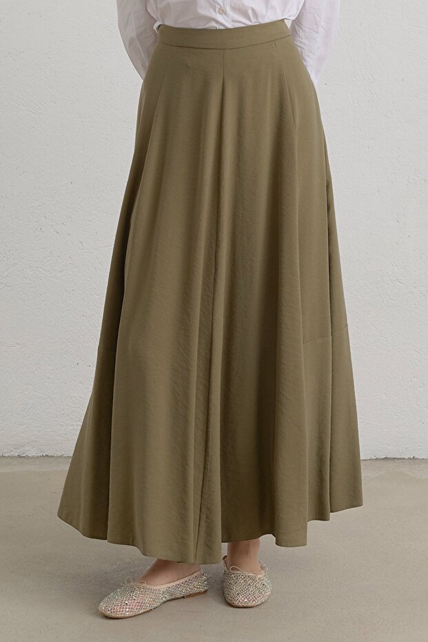 Parçalı Modal Basic Kloş Etek Haki - 2