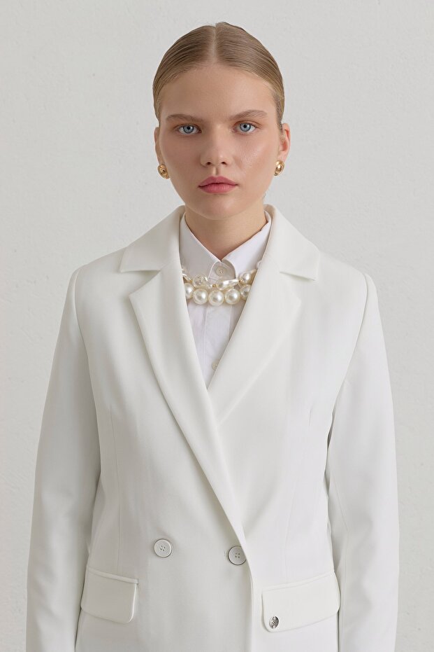 Kruvaze Blazer Basic Ceket Ekru - 3