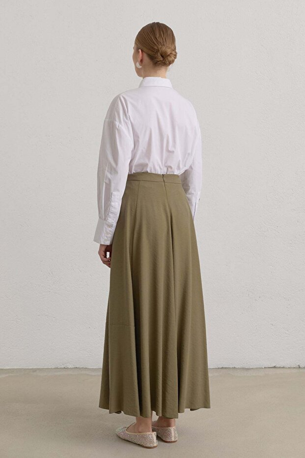 Parçalı Modal Basic Kloş Etek Haki - 4