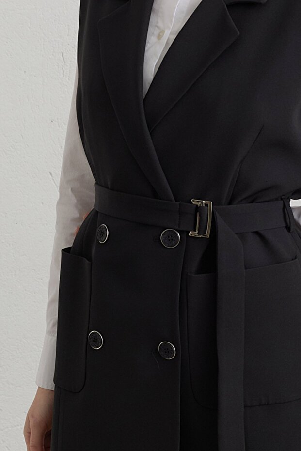 Kuşaklı Blazer Basic Yelek Siyah - 3
