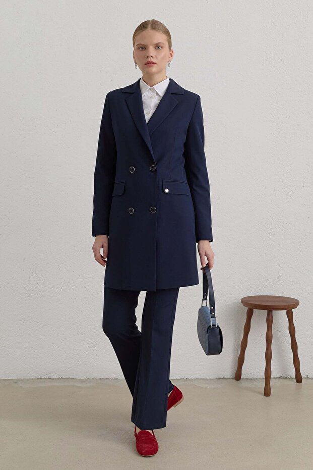 Kruvaze Blazer Basic Ceket Lacivert - 1