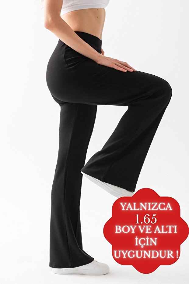 Black High Waist Ribbed Modal Fabric Spanish Leg Leggings - Flexible and Recovery