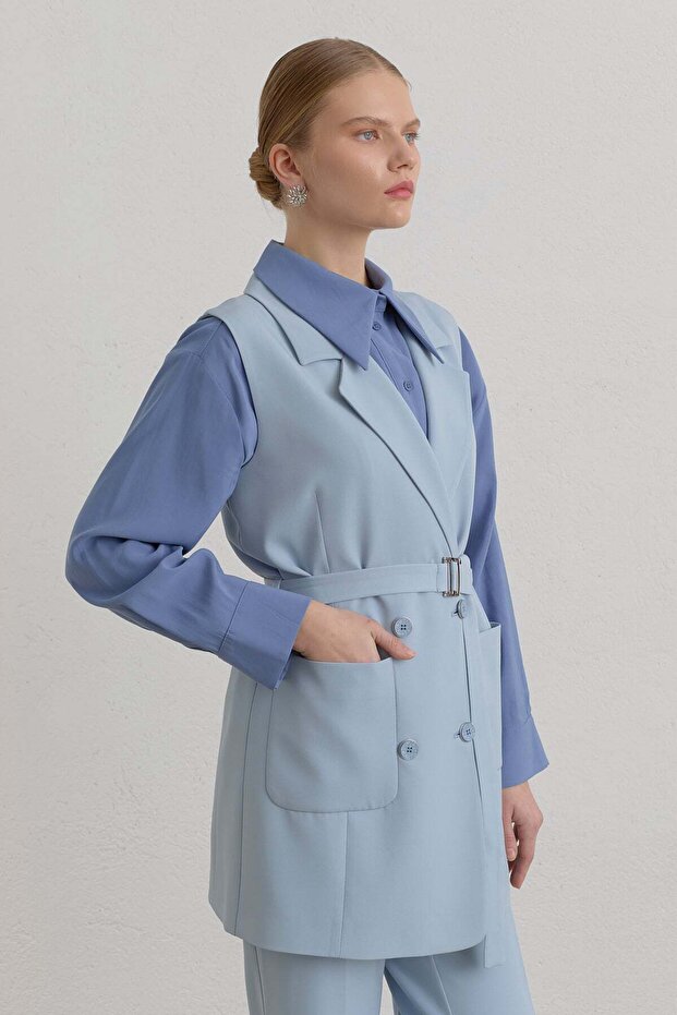 Kuşaklı Blazer Basic Yelek Açık Mavi - 2
