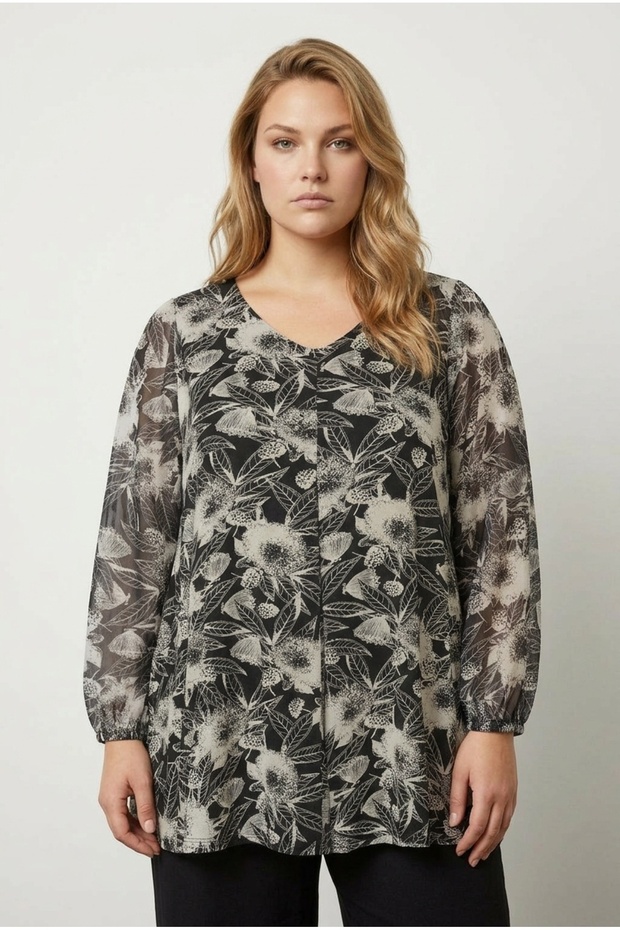 Plus Size Long Sleeve Pleated V-Neck Lycra Lined Viscose Tulle Blouse 303115