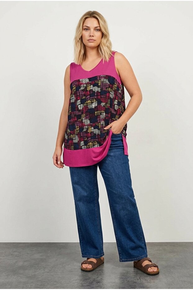 V-Neck Patterned Lycra Plus Size Blouse -303349 - 2