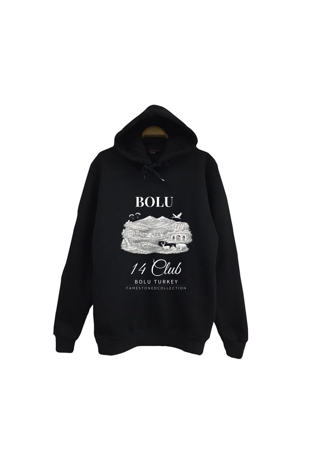 Bolu Abant Yedigöller Gölcük Doğa Şehir Printed Unisex 100% Cotton Hooded Black Sweatshirt