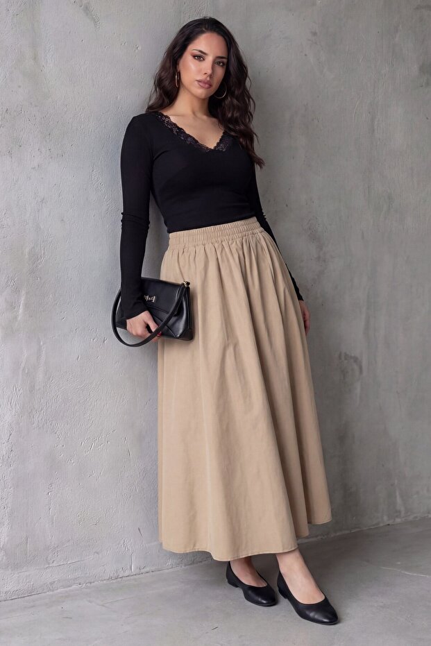 Beige Elastic Waist Midi Length Women's Skirt Mg2616