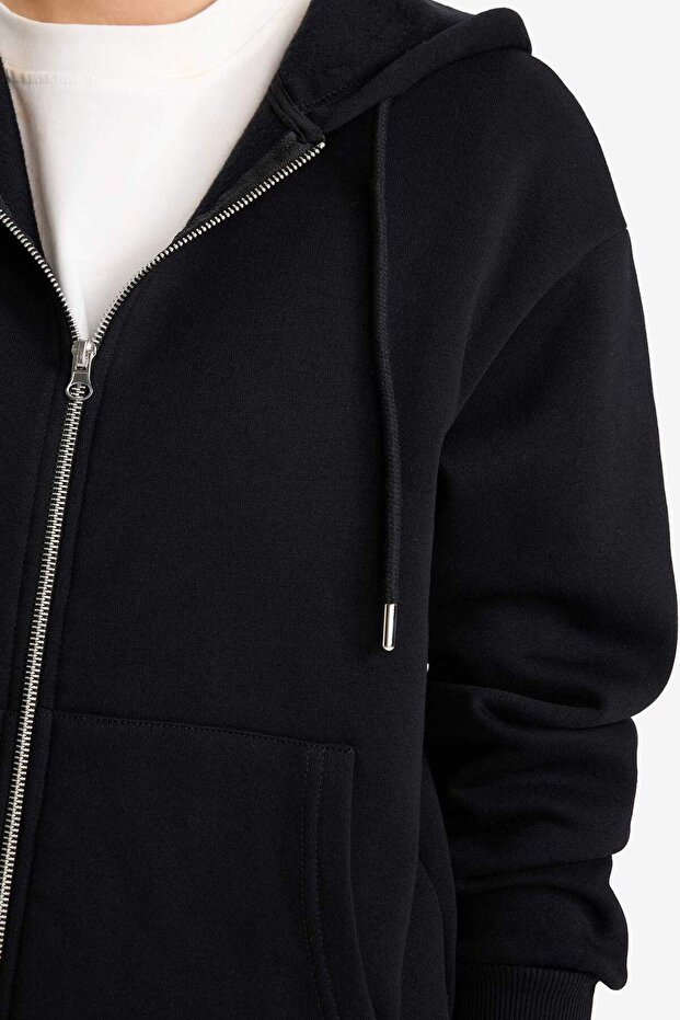 Relax Fit Kapüşonlu Basıc Kalın Fermuarlı Sweatshirt C1809AX25AU - 5