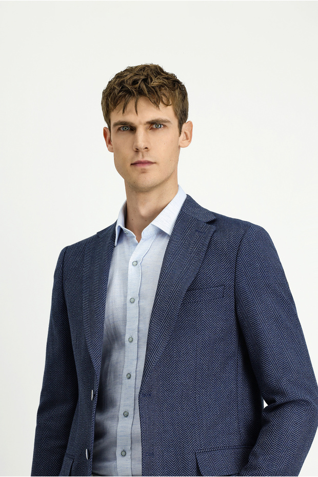 Regular Fit Woolen Herringbone Jacket - 3