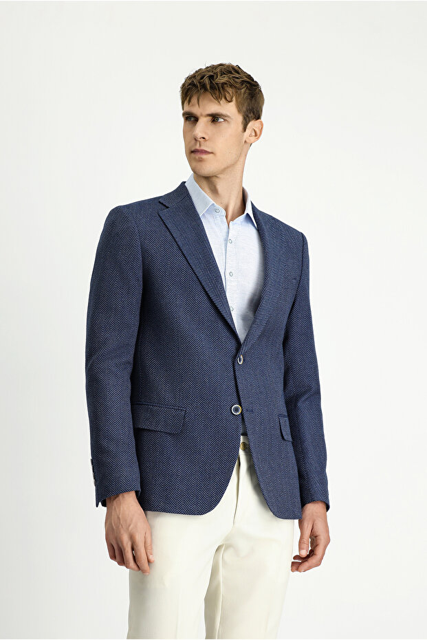 Regular Fit Woolen Herringbone Jacket - 1