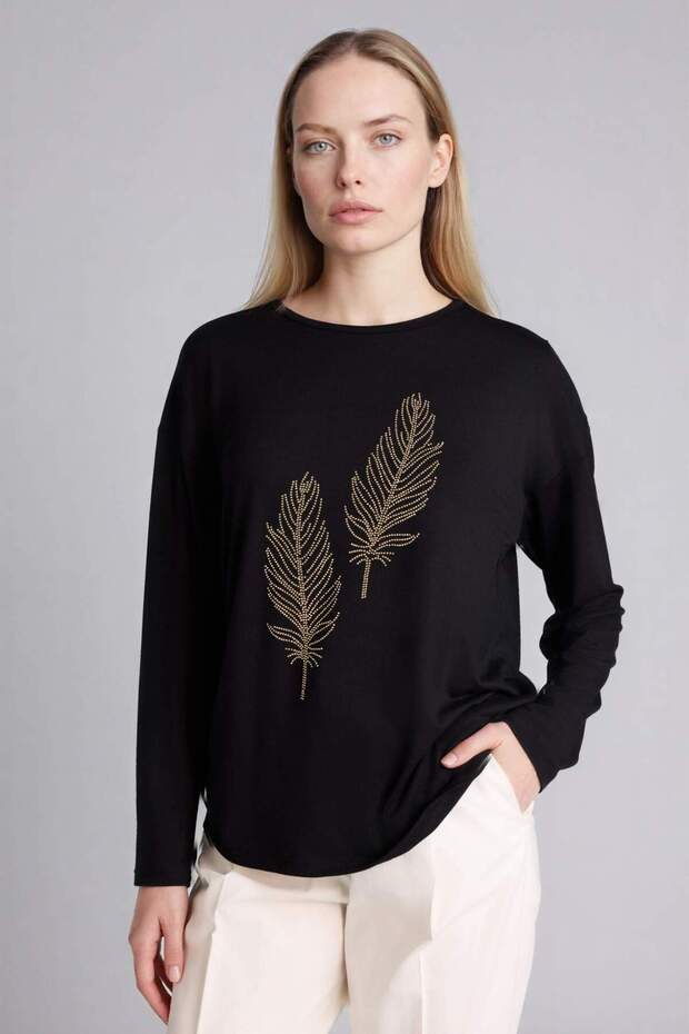 Relax Fit Crew Neck Stone Printed Long Sleeve T-Shirt H1203Ax26Sp