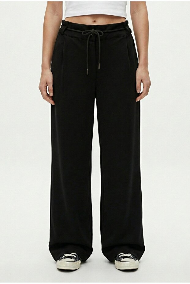 Women's Henri Modal Touch Kordon Belt Li Pleated Pocketed Black Sweatpants