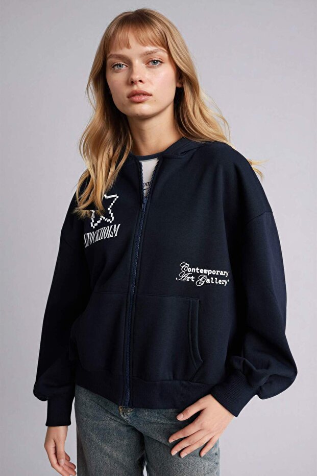 Oversized Hooded Printed Zippered Sweatshirt G9596Ax26Sp - 3