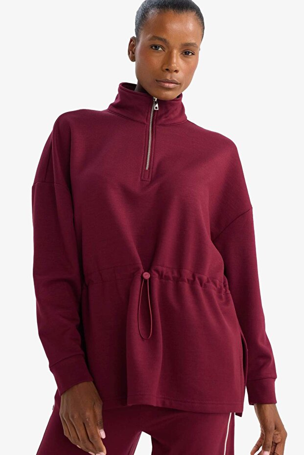 Warm Long Fit High Neck Modal Sports Sweatshirt with Elastic Waist and Half Zipper G4367Ax25Wn