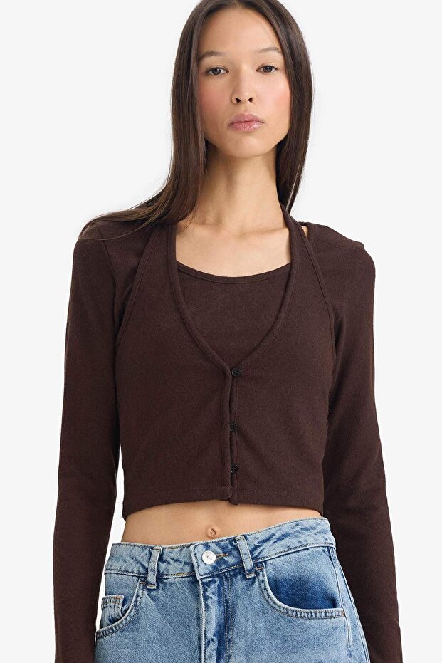 Halter Neck Layered Ribbed Long Sleeve T-Shirt G3668Ax25Wn