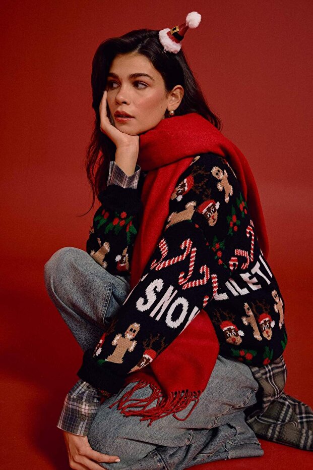 Christmas Themed Regular Fit Crew Neck Knitwear Sweater F4386Ax25Cw